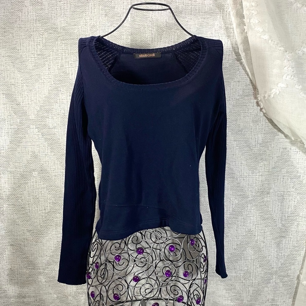 Roberto Cavalli navy sweater with ribbed sleeves